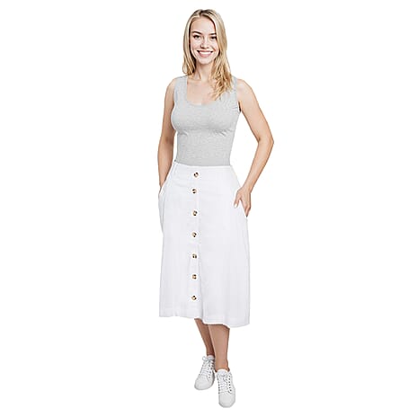 La Marey Womens Linen Button A-Line Midi Skirt (Size 10) - White