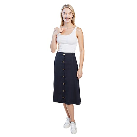 La Marey Womens Linen Button A-Line Midi Skirt (Size 14) - Navy