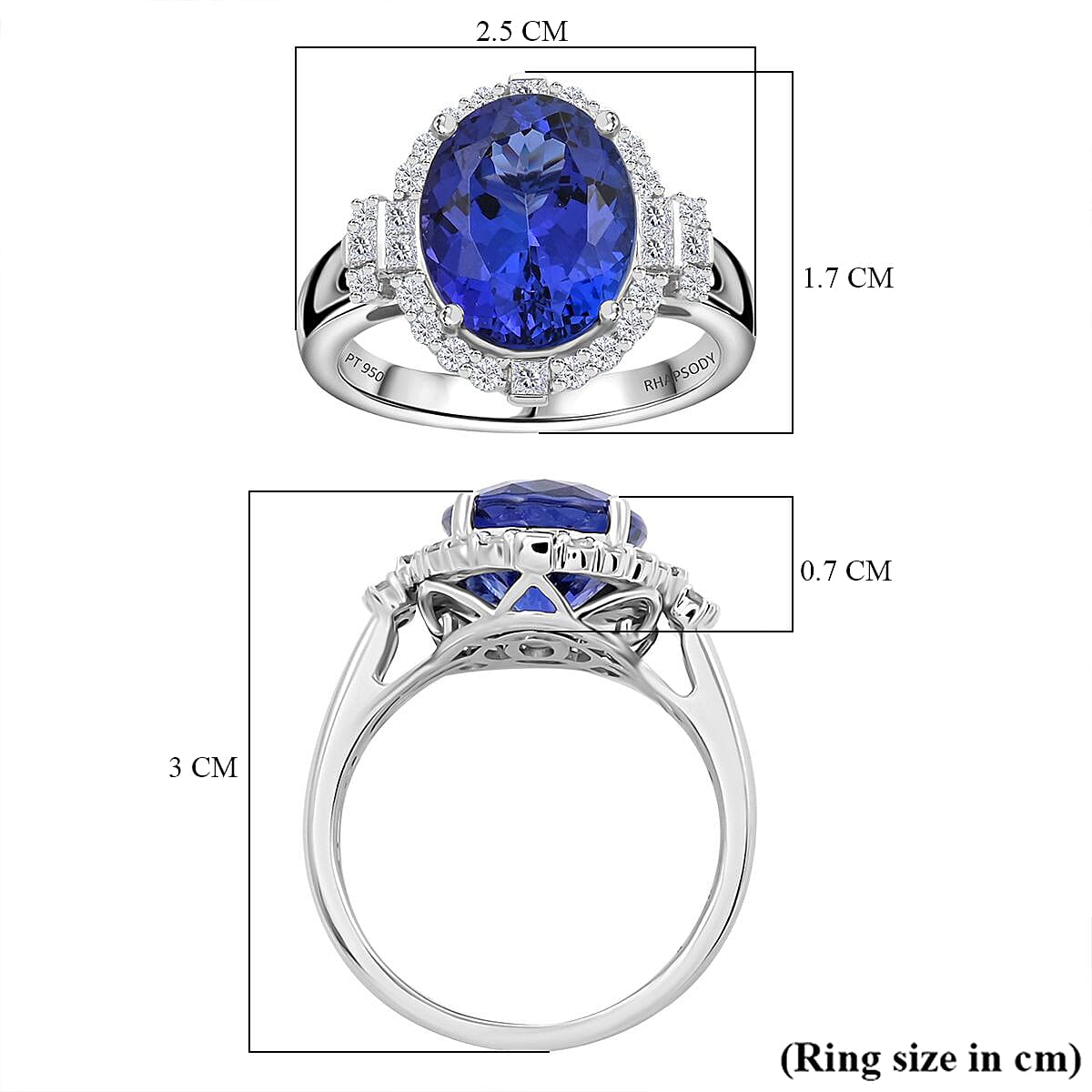 950 Platinum  AAAA  Tanzanite   White Diamond  VS Ring 7.25 pc,  Platinum Wt. 9.99 Gms  7.250  Ct.