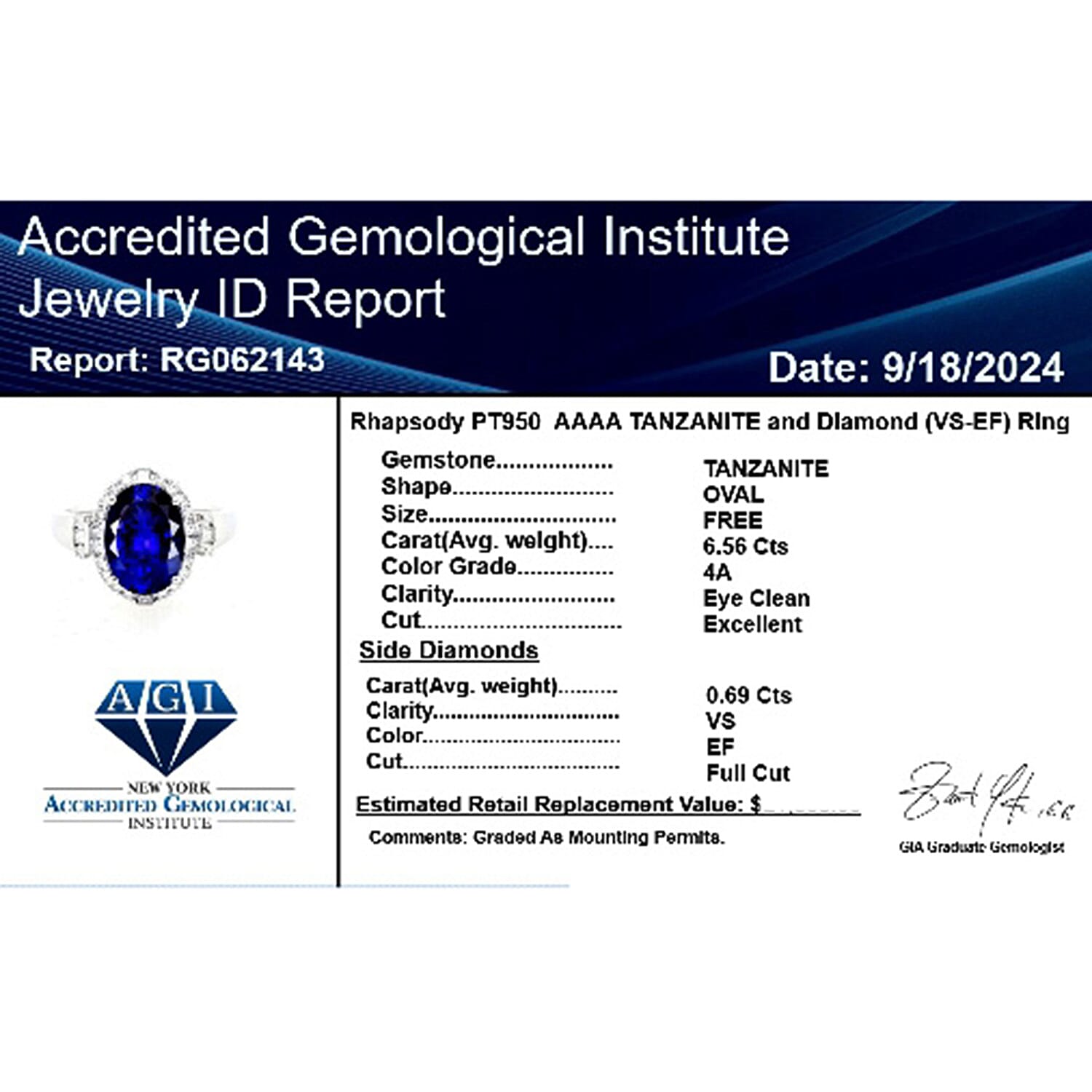 950 Platinum  AAAA  Tanzanite   White Diamond  VS Ring 7.25 pc,  Platinum Wt. 9.99 Gms  7.250  Ct.