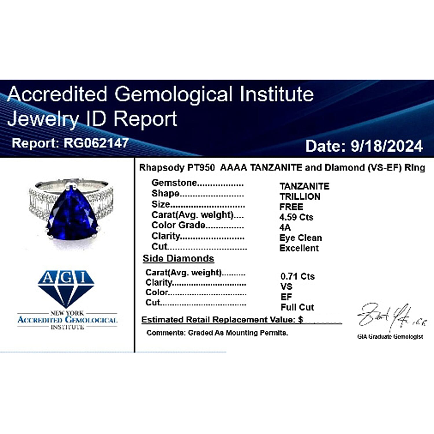 950 Platinum  AAAA  Tanzanite   White Diamond  VS Ring 5.30 pc,  Platinum Wt. 8.05 Gms  5.300  Ct.