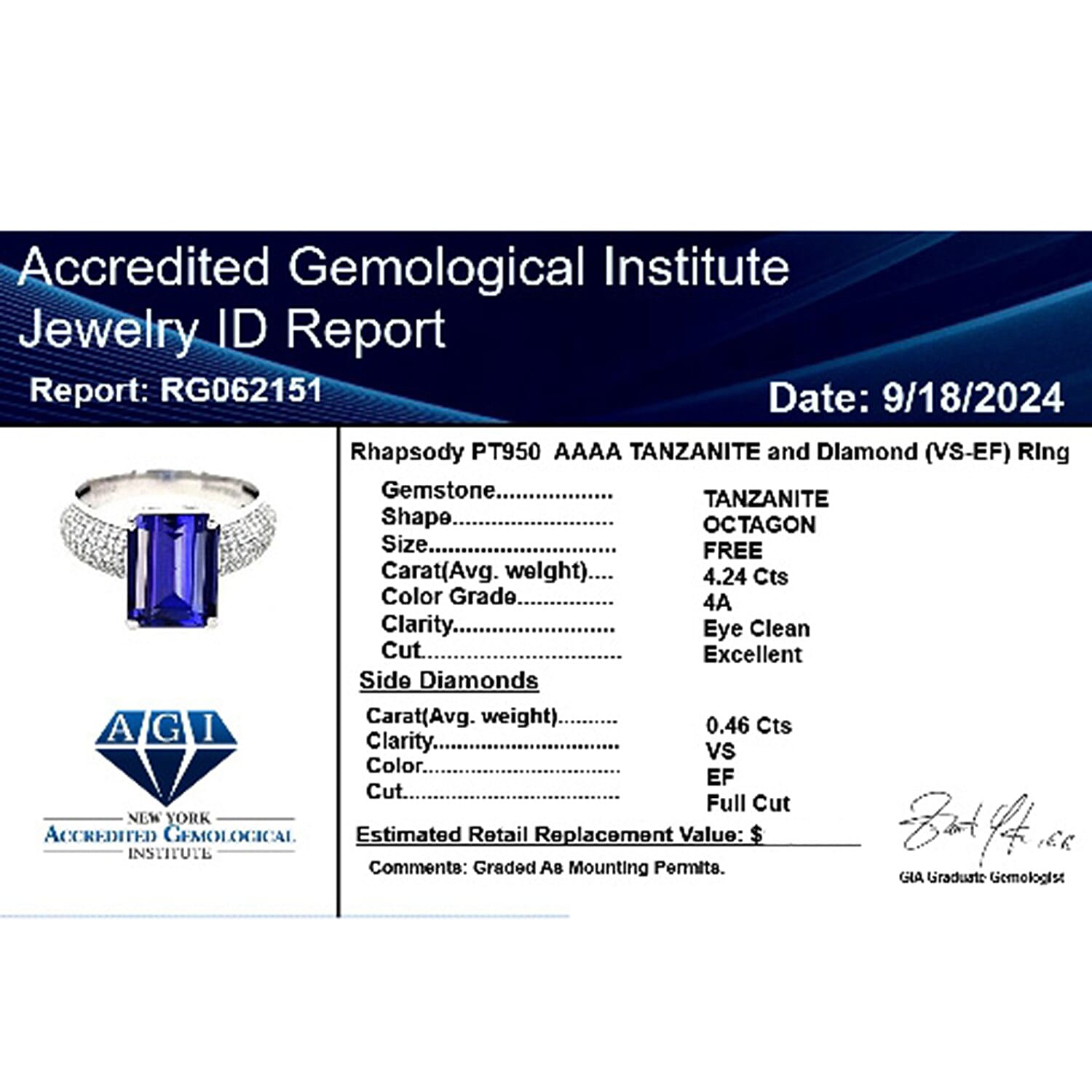 950 Platinum  AAAA  Tanzanite   White Diamond  VS Ring 4.70 pc,  Platinum Wt. 7.72 Gms  4.700  Ct.