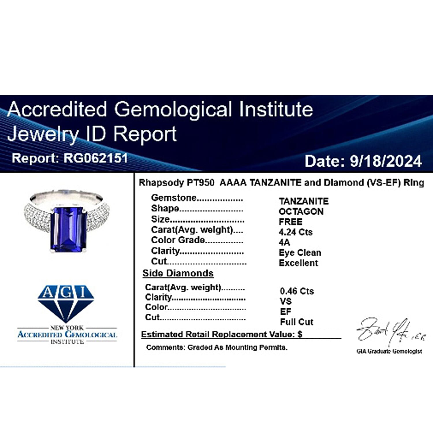 950 Platinum  AAAA  Tanzanite   White Diamond  VS Ring 4.70 pc,  Platinum Wt. 7.72 Gms  4.700  Ct.