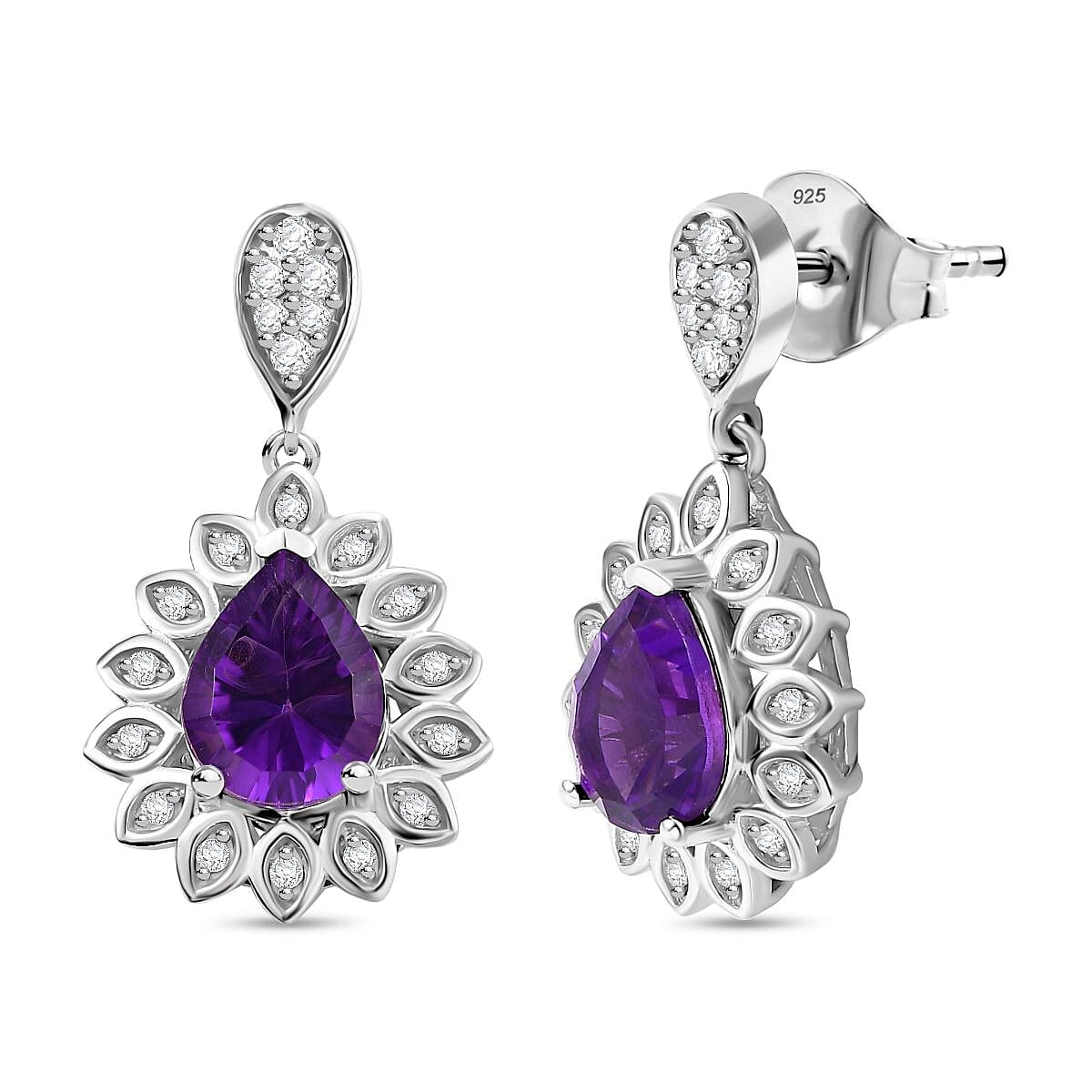 Concave Cut Zambian Amethyst & White Zircon Dangling Earring in Rhodium Overlay Sterling Silver 3.390  Ct.