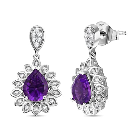 Concave Cut Zambian Amethyst & White Zircon Dangling Earring in Rhodium Overlay Sterling Silver 3.390  Ct.