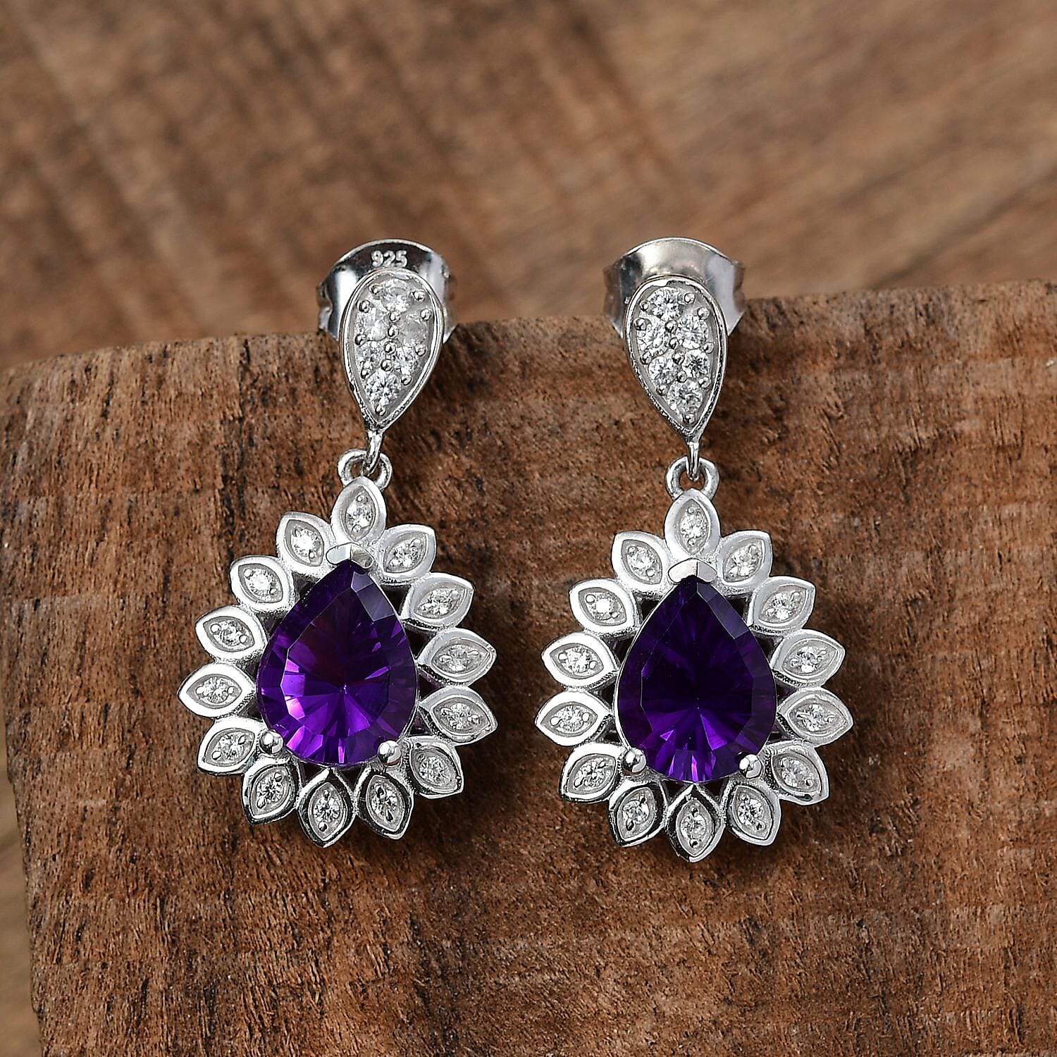 Concave Cut Zambian Amethyst & White Zircon Dangling Earring in Rhodium Overlay Sterling Silver 3.390  Ct.