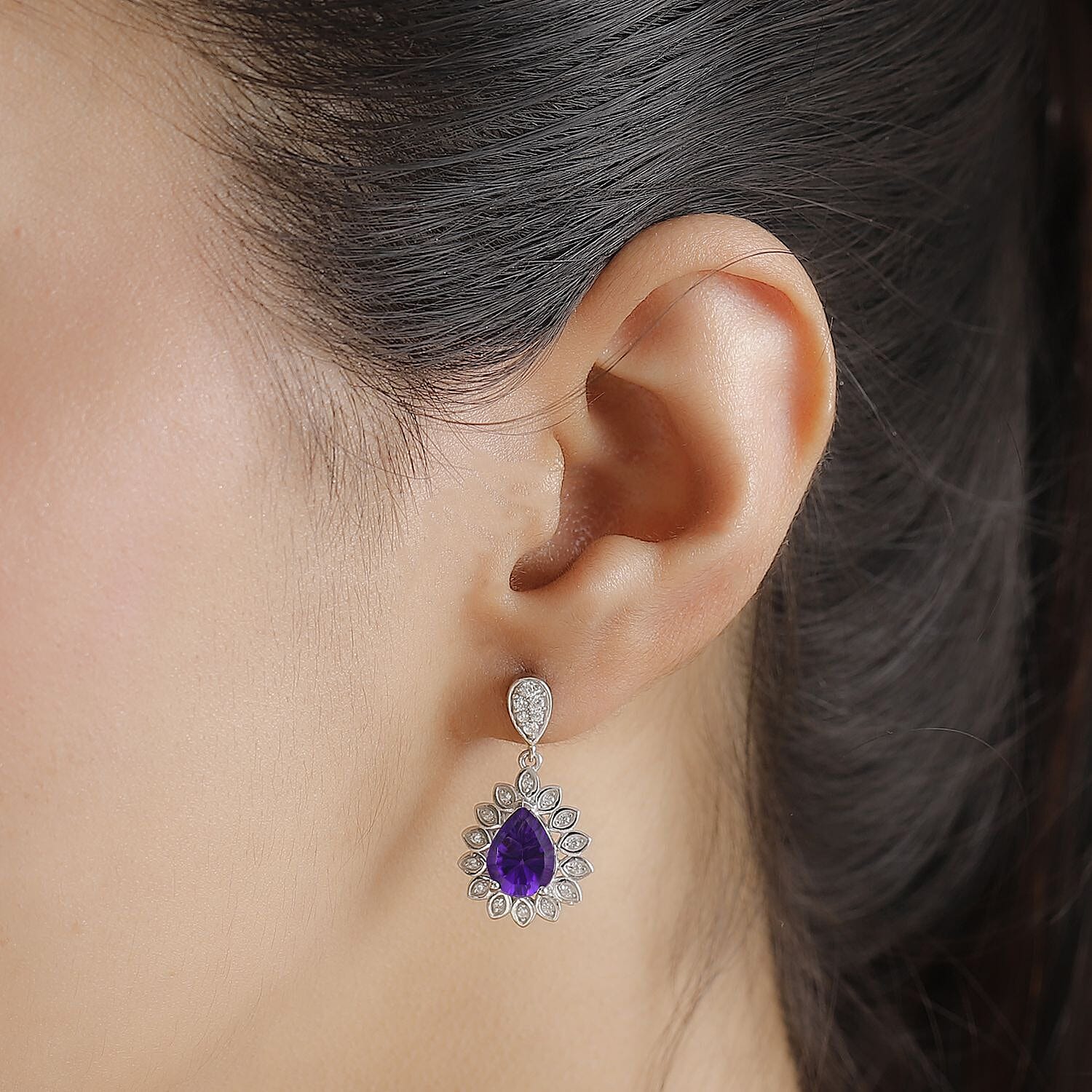 Concave Cut Zambian Amethyst & White Zircon Dangling Earring in Rhodium Overlay Sterling Silver 3.390  Ct.