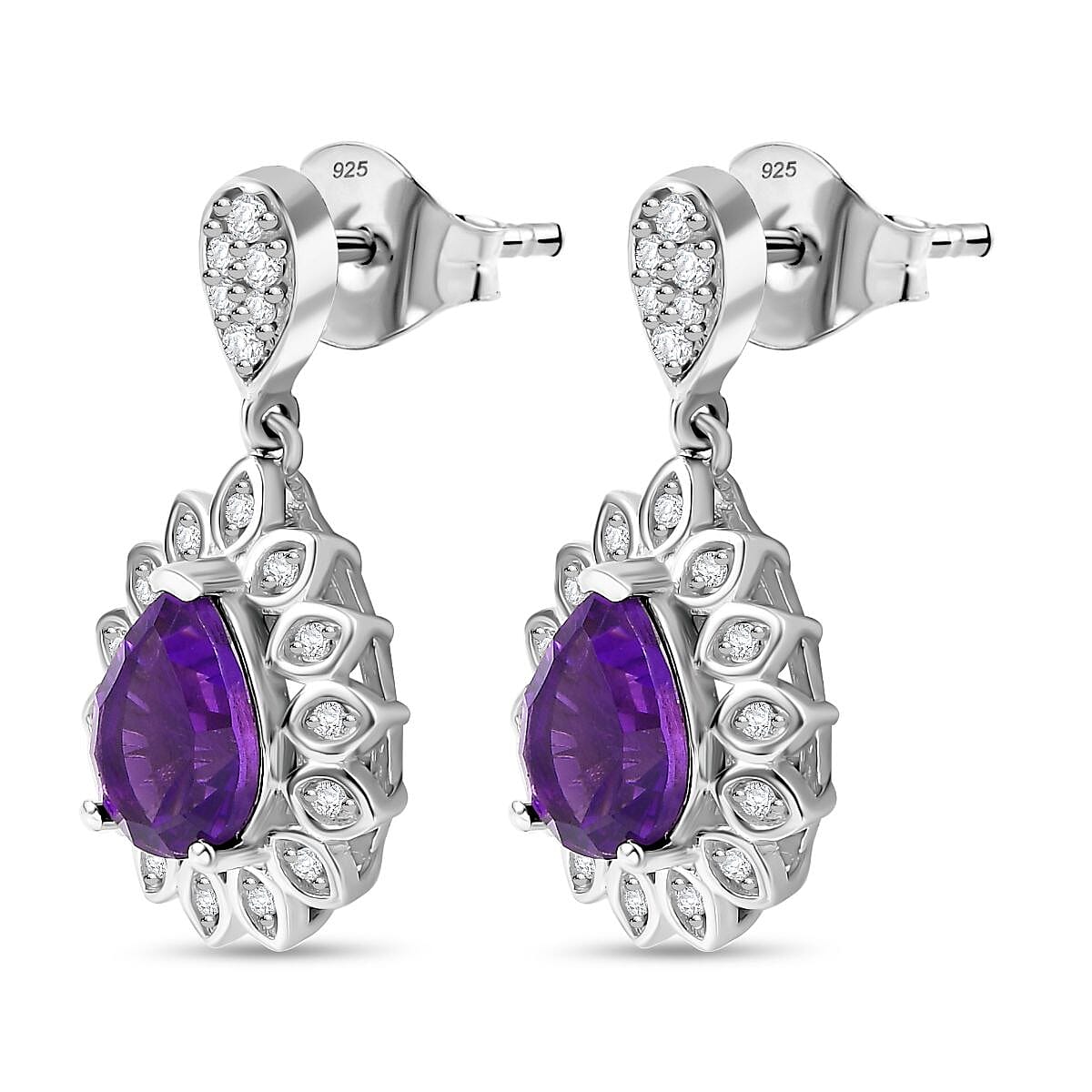 Concave Cut Zambian Amethyst & White Zircon Dangling Earring in Rhodium Overlay Sterling Silver 3.390  Ct.