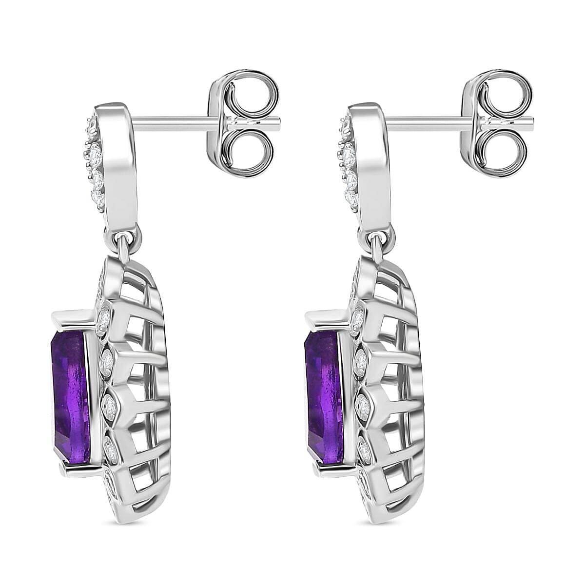Concave Cut Zambian Amethyst & White Zircon Dangling Earring in Rhodium Overlay Sterling Silver 3.390  Ct.