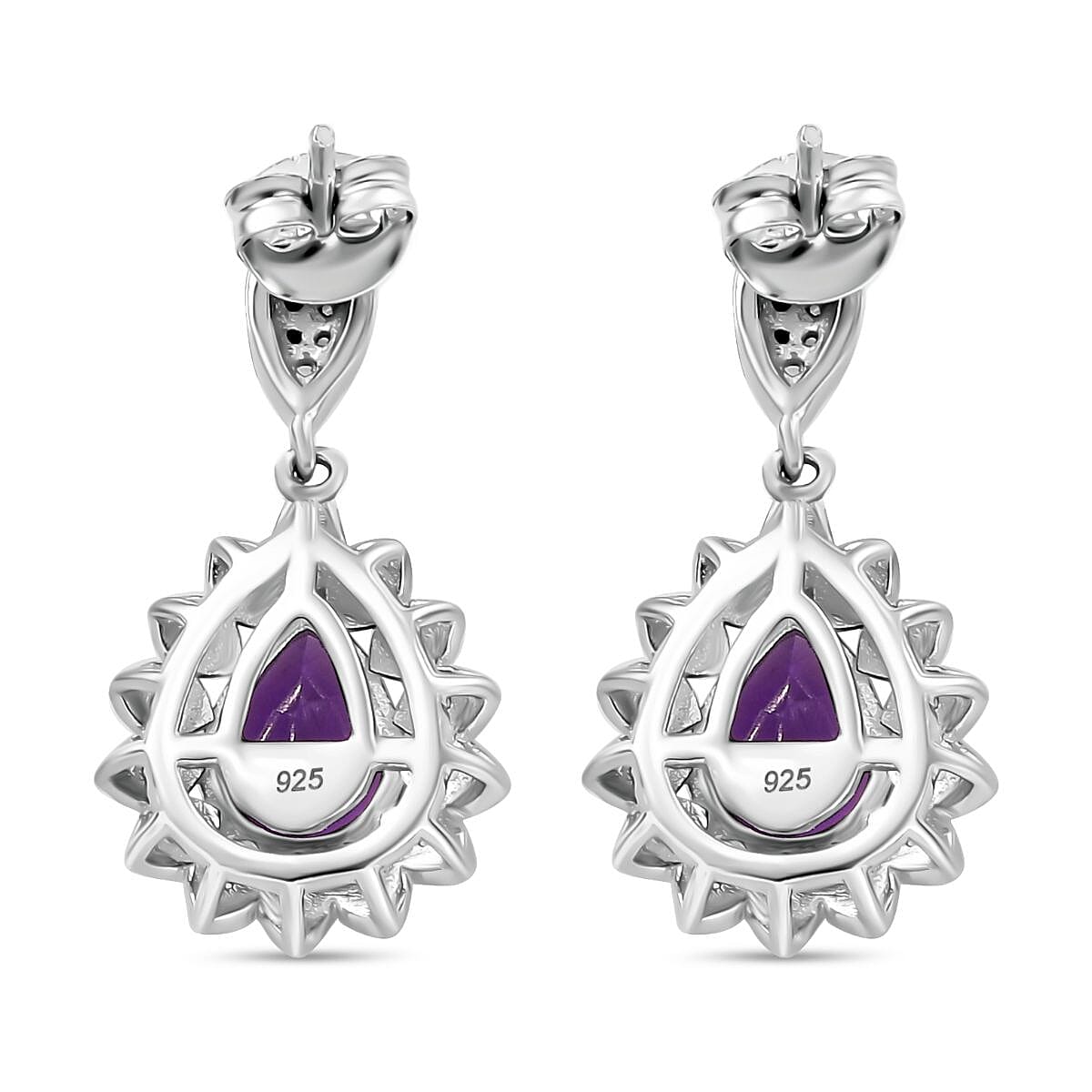 Concave Cut Zambian Amethyst & White Zircon Dangling Earring in Rhodium Overlay Sterling Silver 3.390  Ct.