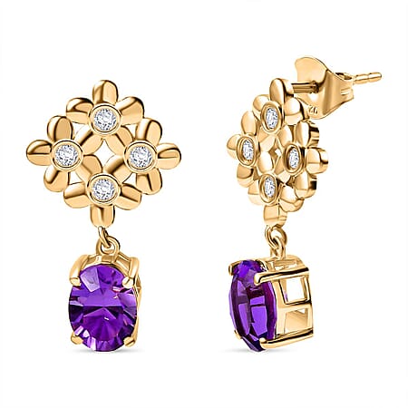 African Amethyst, White Zircon Floral Drop Earrings in 18K Yellow Gold Vermeil Plated Sterling Silver 2.56 ct  2.636  Ct.