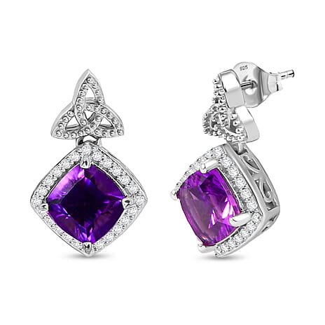 Concave Cut Zambian Amethyst & White Zircon Dangling Earring in Rhodium Overlay Sterling Silver 3.76 ct.