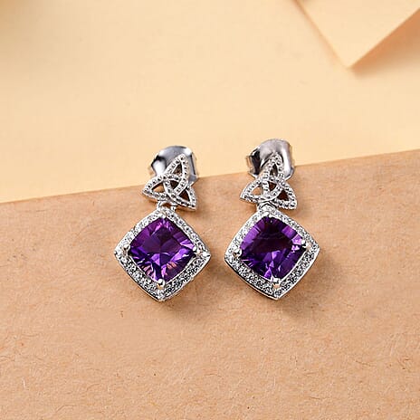 Concave Cut Zambian Amethyst & White Zircon Dangling Earring in Rhodium Overlay Sterling Silver 3.76 ct.