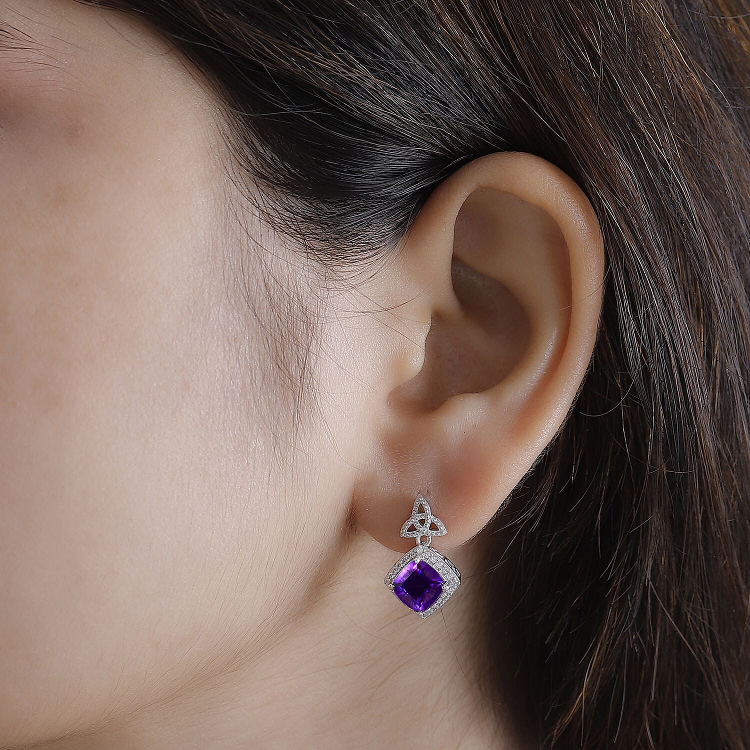 Concave Cut Zambian Amethyst & White Zircon Dangling Earring in Rhodium Overlay Sterling Silver 3.53 Ct.