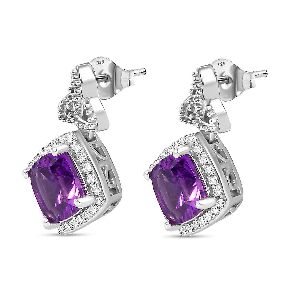 Concave Cut Zambian Amethyst & White Zircon Dangling Earring in Rhodium Overlay Sterling Silver 3.53 Ct.