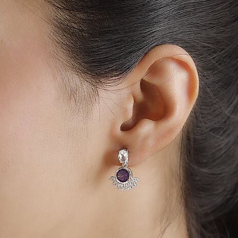 Concave Cut Zambian Amethyst & White Topaz Solitaire Stud Push Post Earring in Rhodium Overlay Sterling Silver. 3.088  Ct.