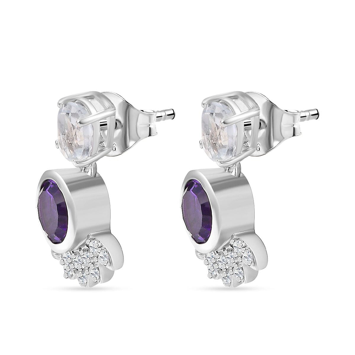 Concave Cut Zambian Amethyst & White Topaz Solitaire Stud Push Post Earring in Rhodium Overlay Sterling Silver. 3.088  Ct.