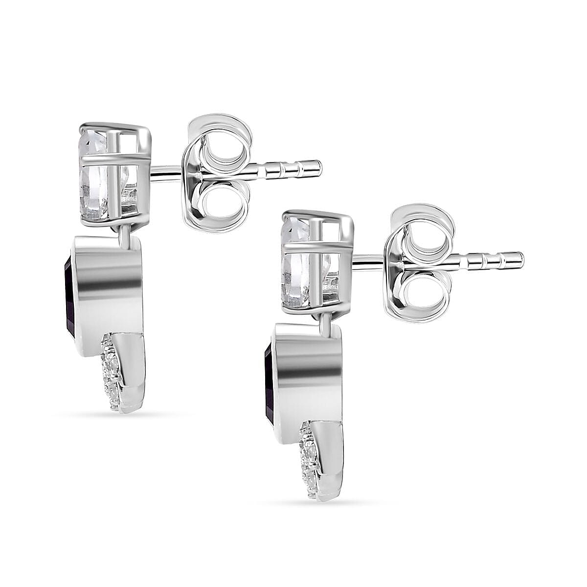 Concave Cut Zambian Amethyst & White Topaz Solitaire Stud Push Post Earring in Rhodium Overlay Sterling Silver. 3.088  Ct.