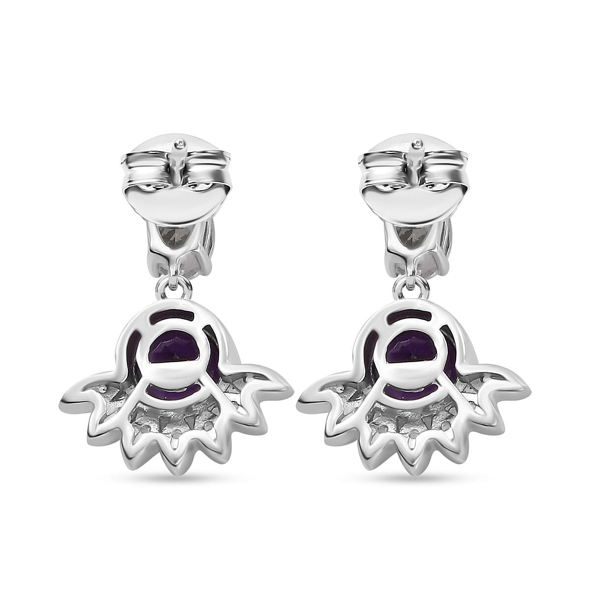 Concave Cut Zambian Amethyst & White Topaz Solitaire Stud Push Post Earring in Rhodium Overlay Sterling Silver. 3.088  Ct.