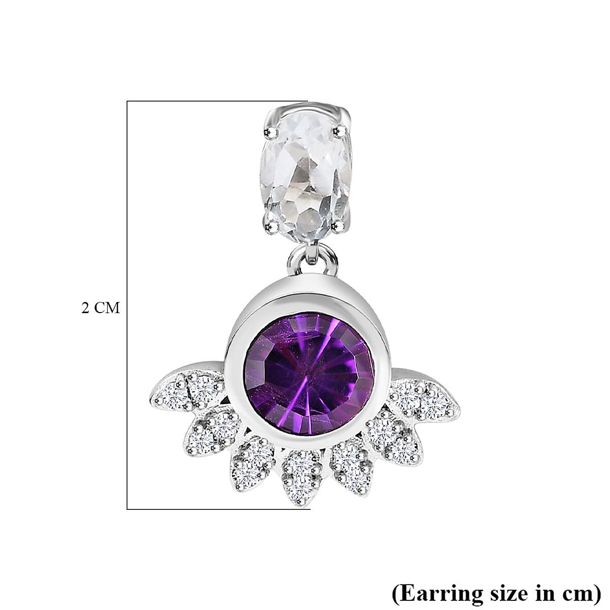 Concave Cut Zambian Amethyst & White Topaz Solitaire Stud Push Post Earring in Rhodium Overlay Sterling Silver. 3.088  Ct.