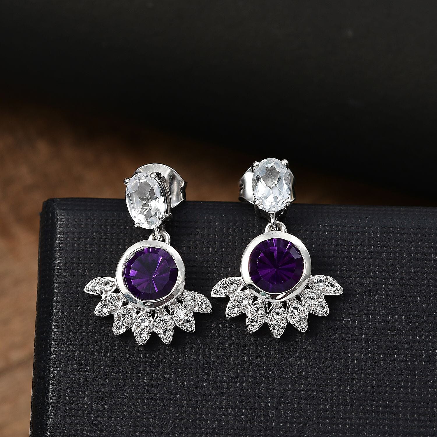 Concave Cut Zambian Amethyst & White Topaz Solitaire Stud Push Post Earring in Rhodium Overlay Sterling Silver. 3.088  Ct.