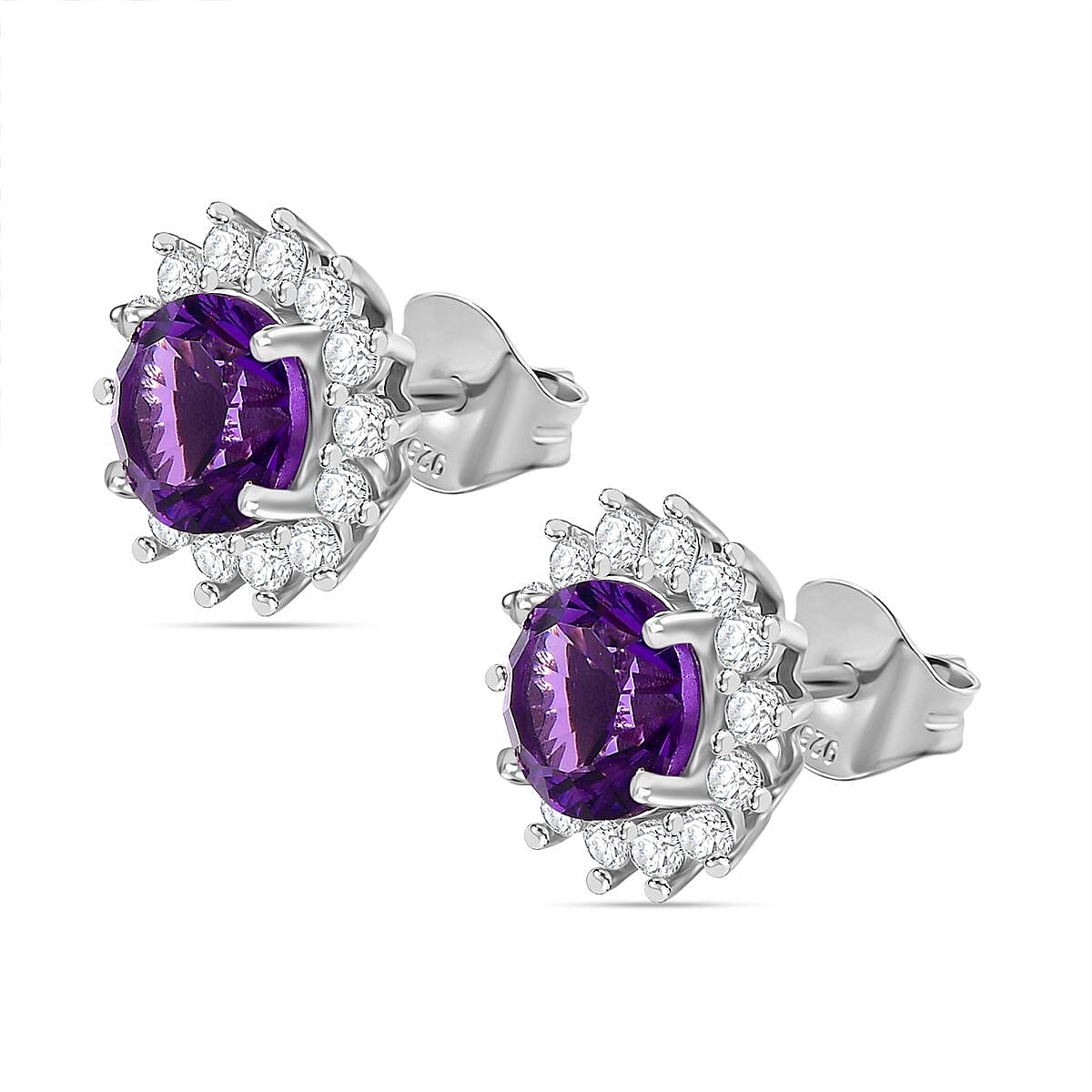 Concave Cut Zambian Amethyst & White Zircon Earring in Rhodium Overlay Sterling Silver 4.16 ct.