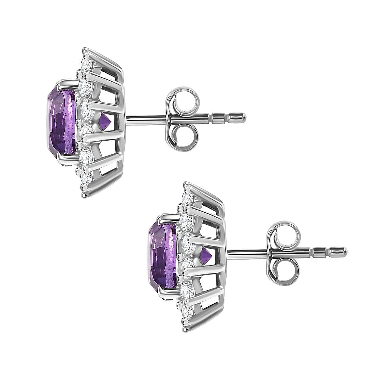 Concave Cut Zambian Amethyst & White Zircon Earring in Rhodium Overlay Sterling Silver 4.16 ct.