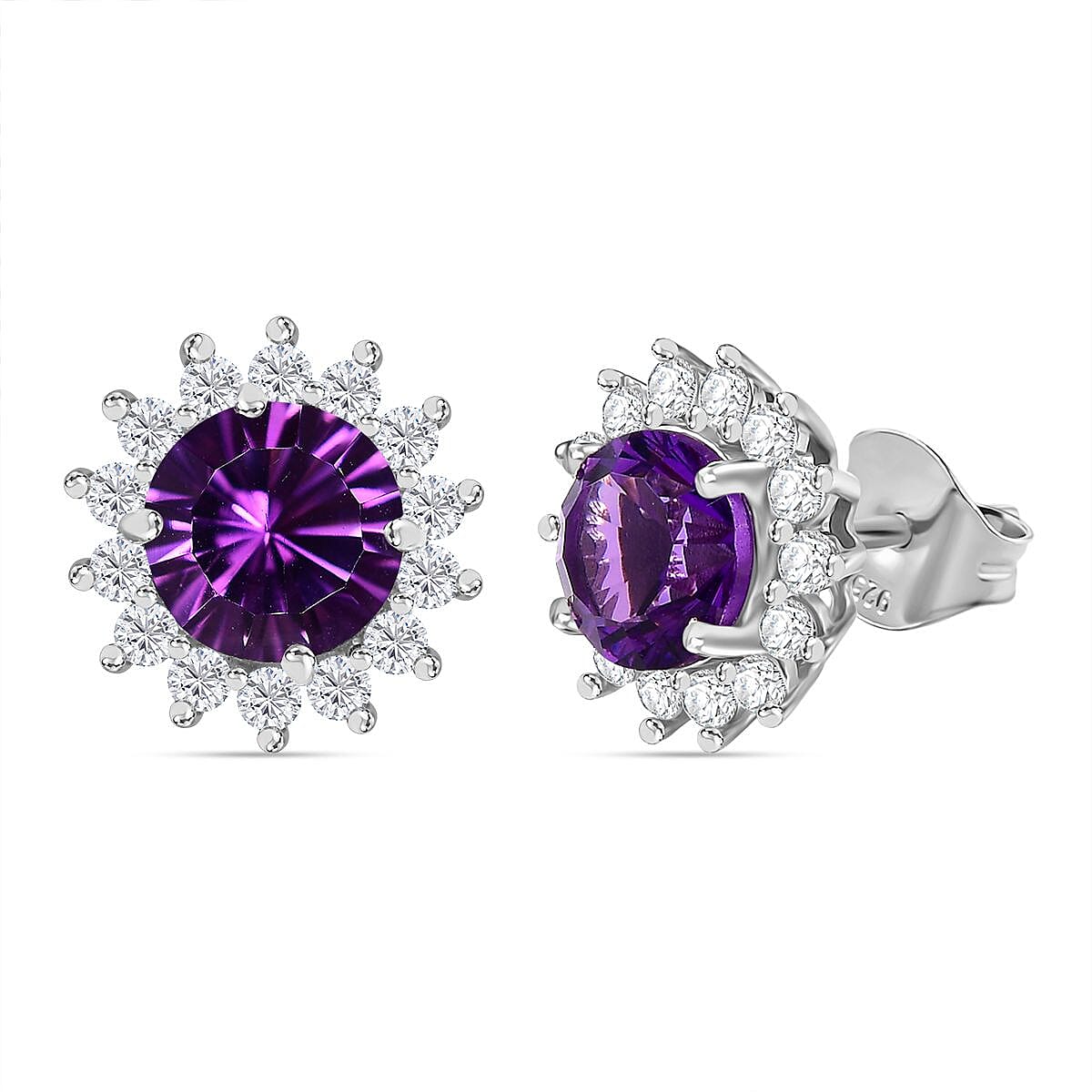 Concave Cut Zambian Amethyst & White Zircon Earring in Rhodium Overlay Sterling Silver 4.16 ct.