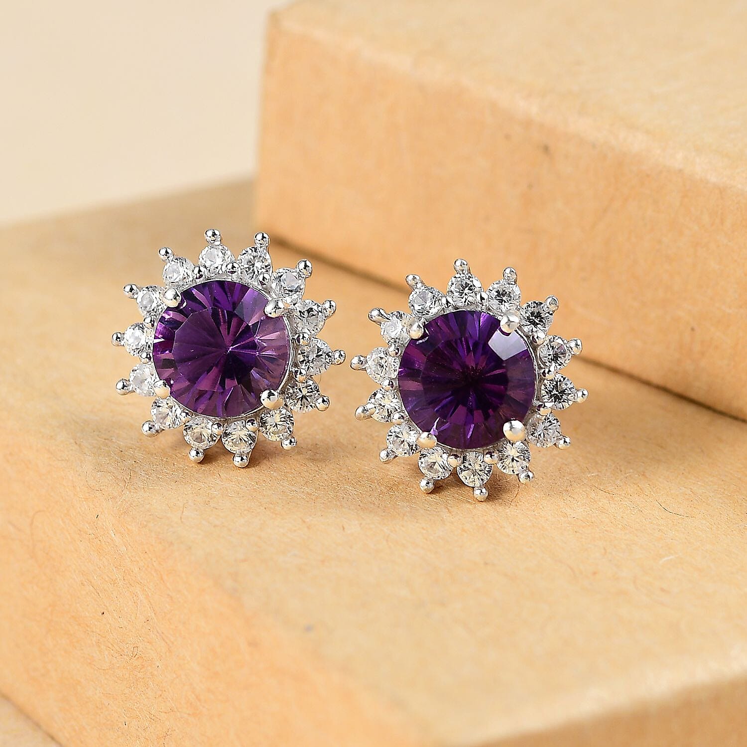 Concave Cut Zambian Amethyst & White Zircon Earring in Rhodium Overlay Sterling Silver 4.16 ct.