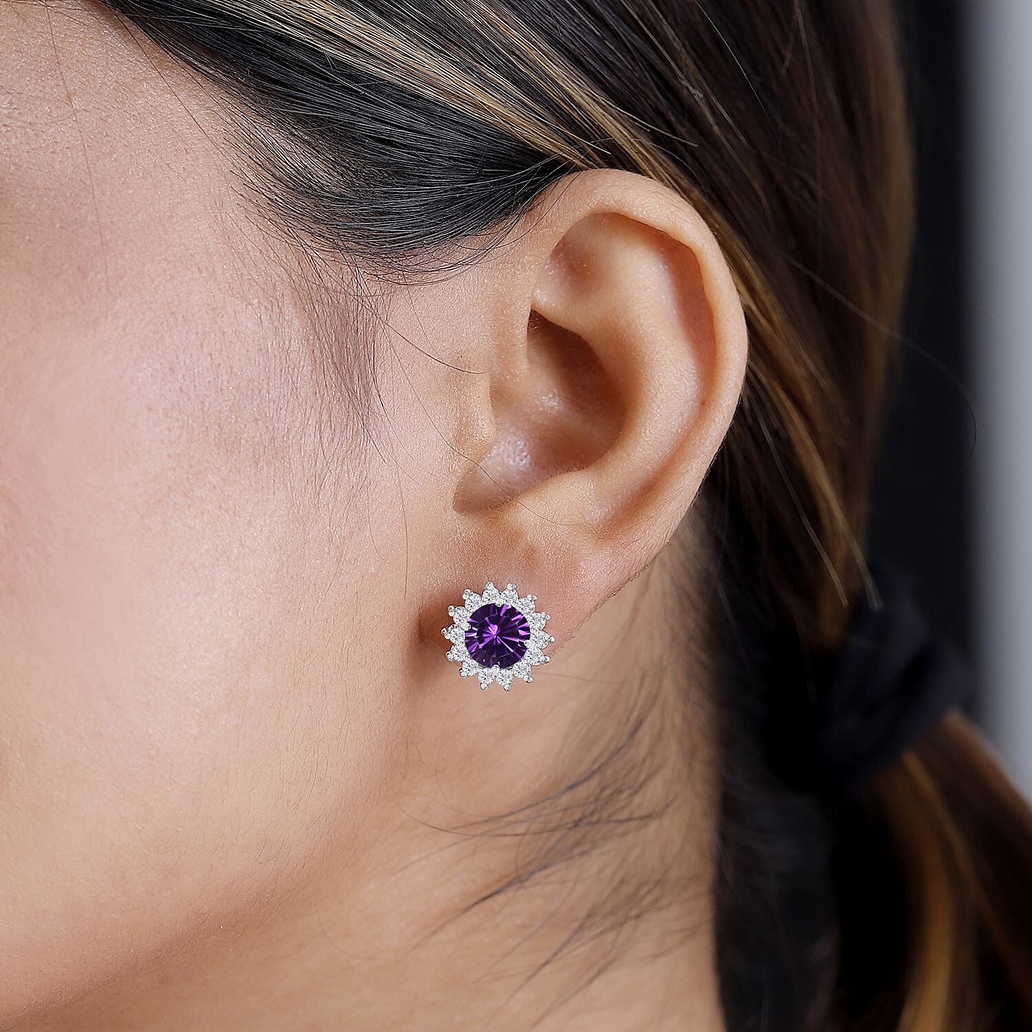Concave Cut Zambian Amethyst & White Zircon Earring in Rhodium Overlay Sterling Silver 4.16 ct.