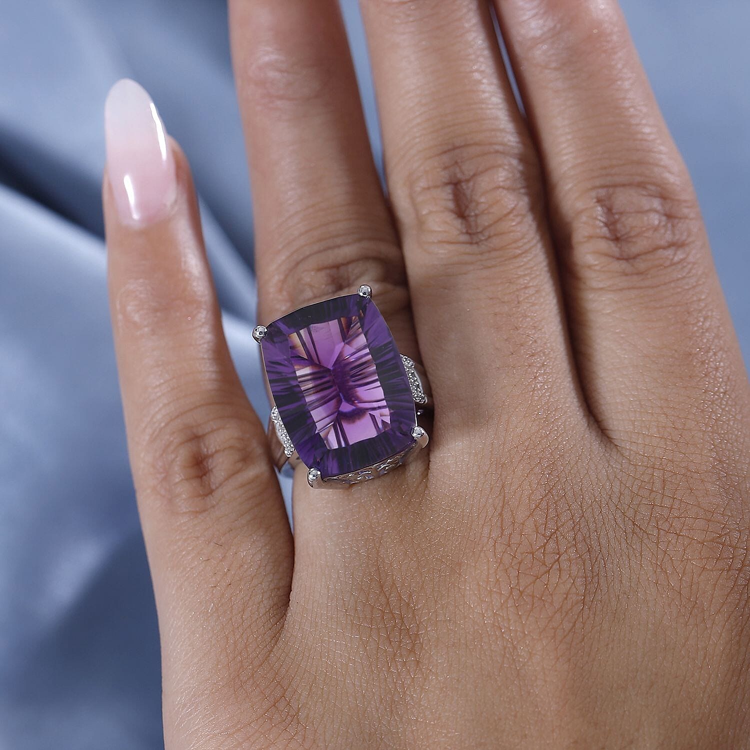 AAA Concave Cut Zambian Amethyst & White Zircon Ring in Sterling Silver 18.29 ct.