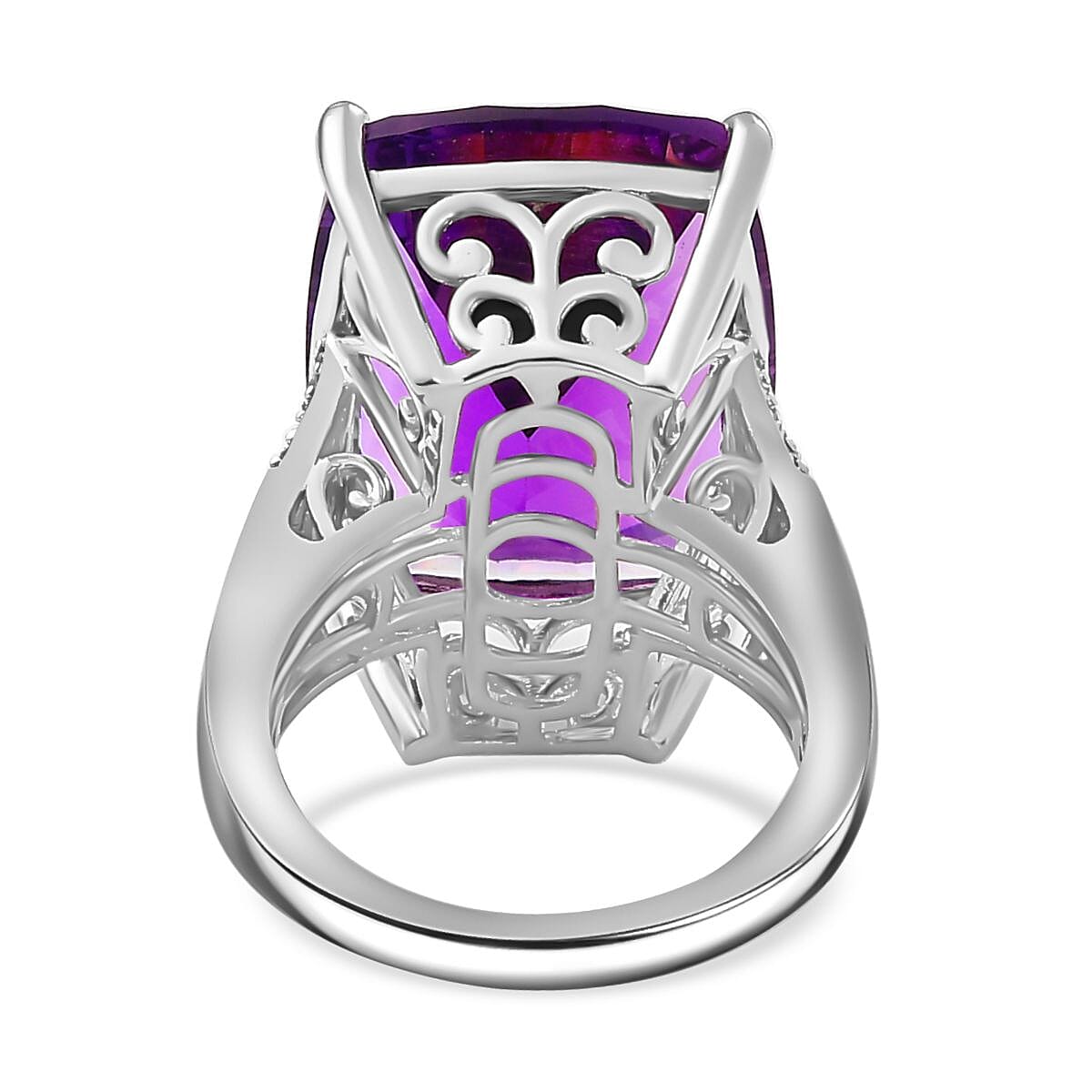 AAA Concave Cut Zambian Amethyst & White Zircon Ring in Sterling Silver 18.29 ct.