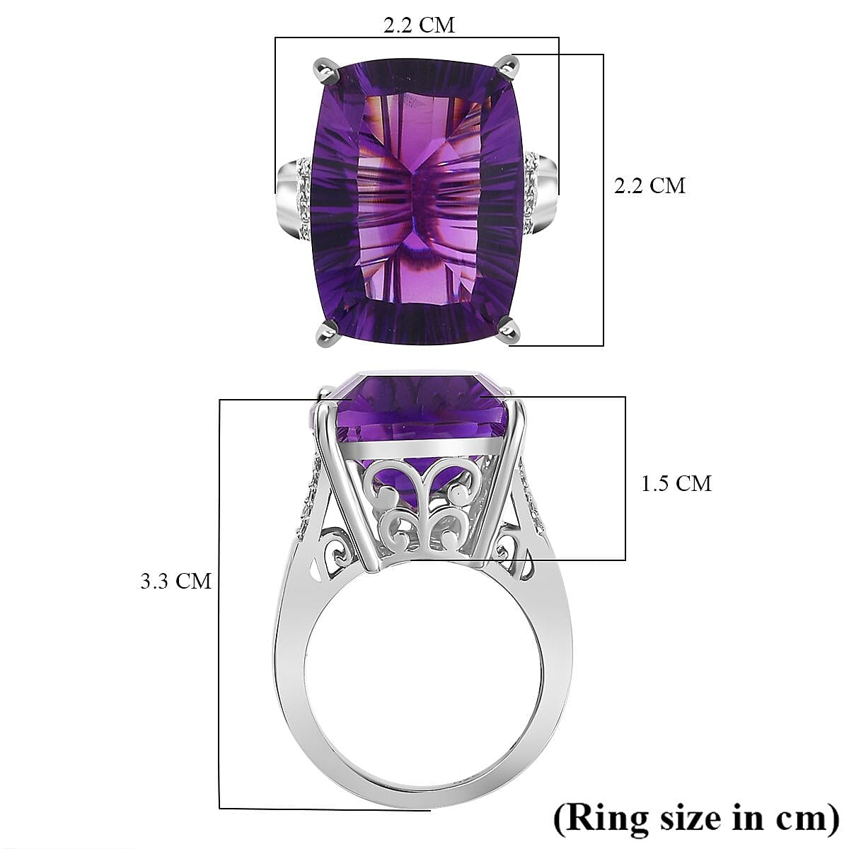 AAA Concave Cut Zambian Amethyst & White Zircon Ring in Sterling Silver 18.29 ct.