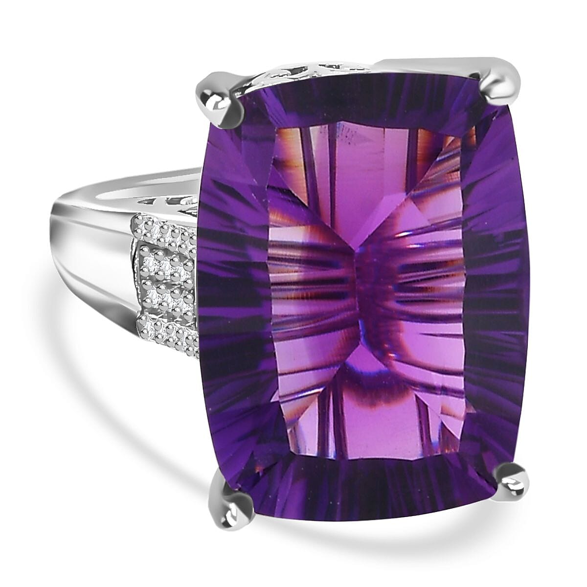 AAA Concave Cut Zambian Amethyst & White Zircon Ring in Sterling Silver 18.29 ct.
