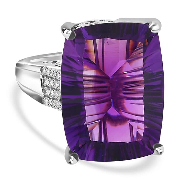 African Amethyst, White Zircon Ring in Rhodium Overlay Sterling Silver