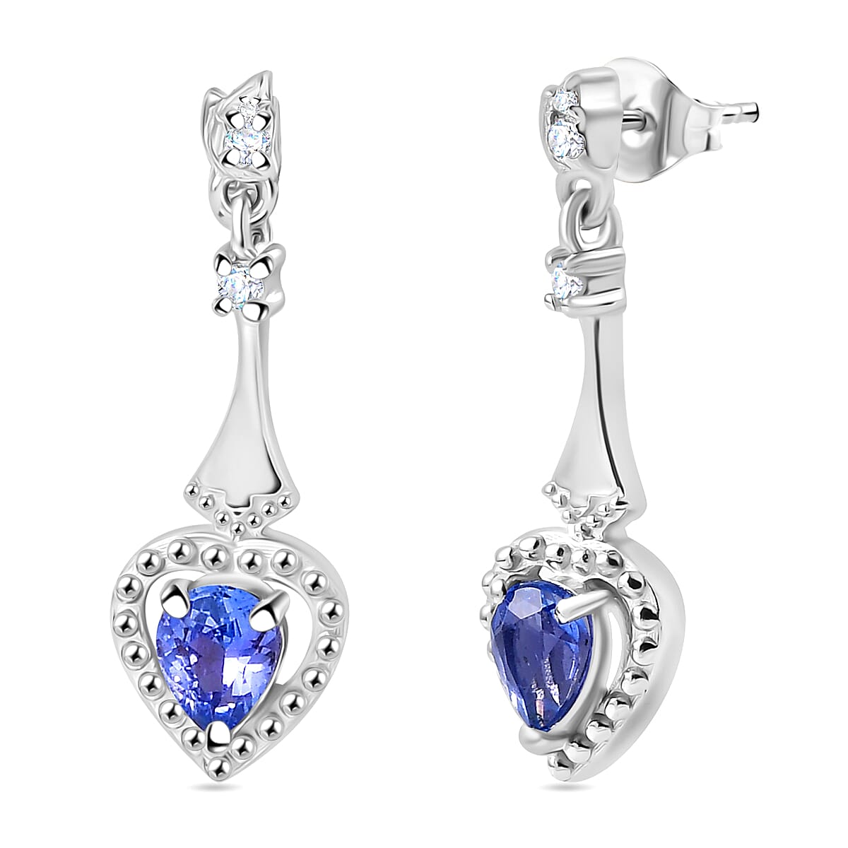 Tanzanite & White Zircon Solitaire Stud Push Post Earring in Rhodium Overlay Sterling Silver