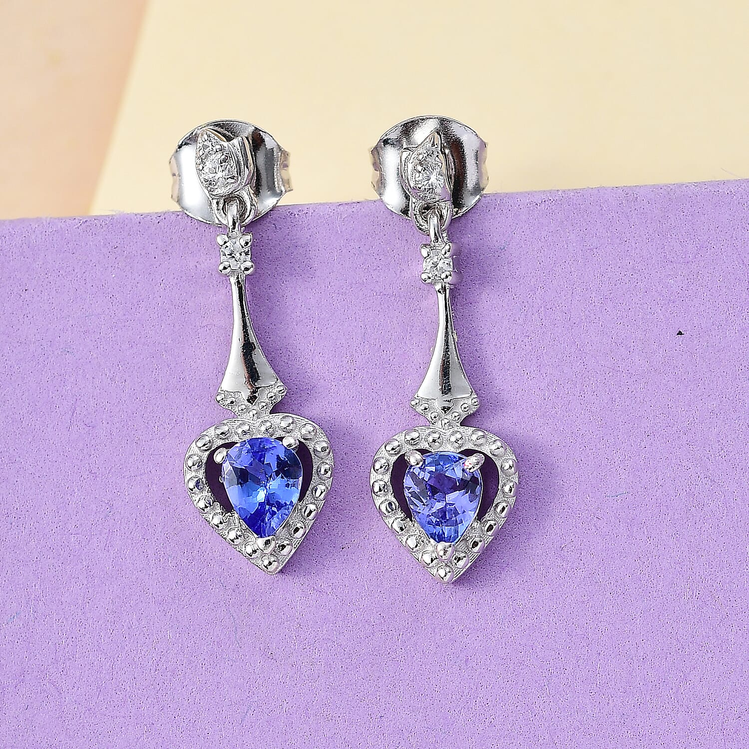 Tanzanite & White Zircon Solitaire Stud Push Post Earring in Rhodium Overlay Sterling Silver