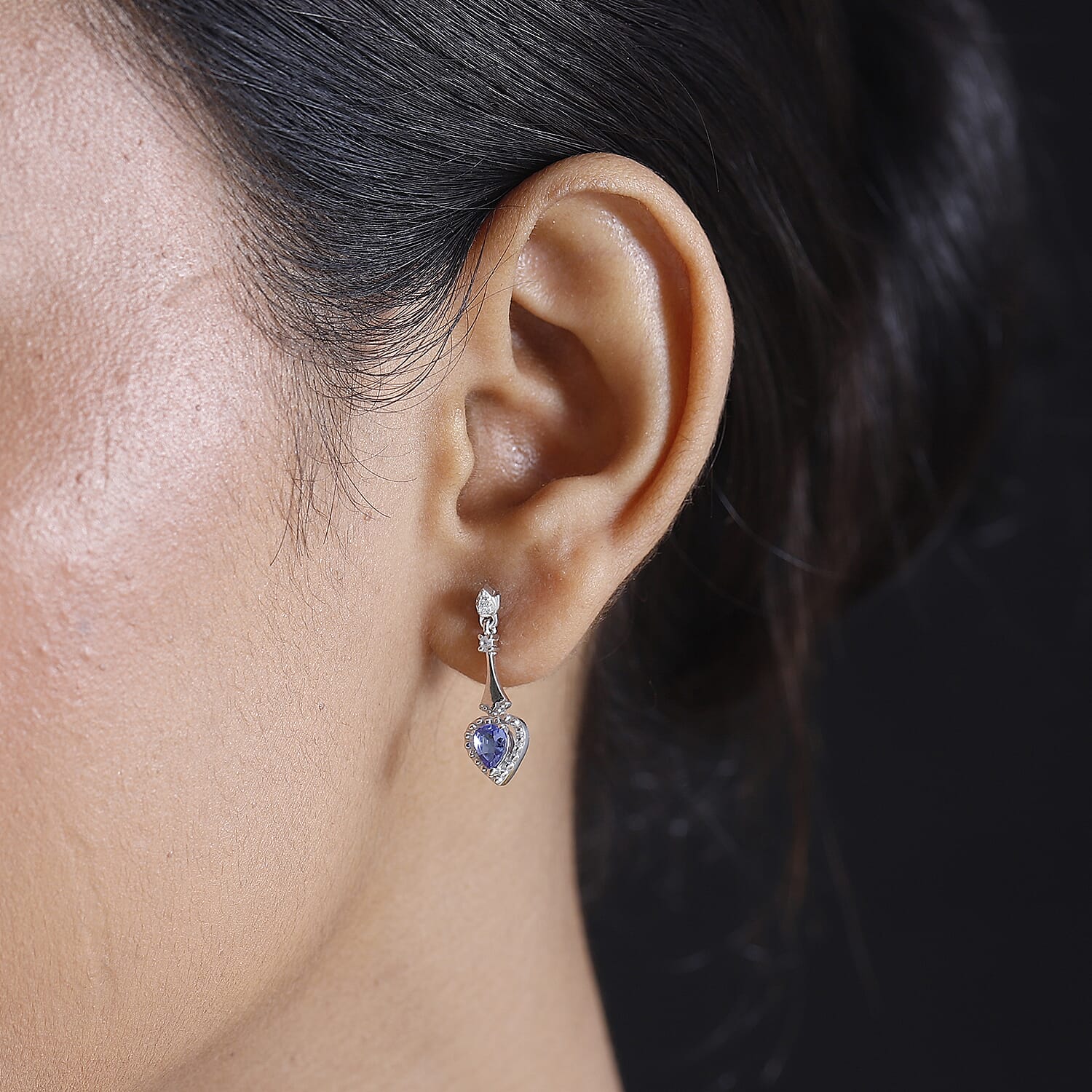 Tanzanite & White Zircon Solitaire Stud Push Post Earring in Rhodium Overlay Sterling Silver