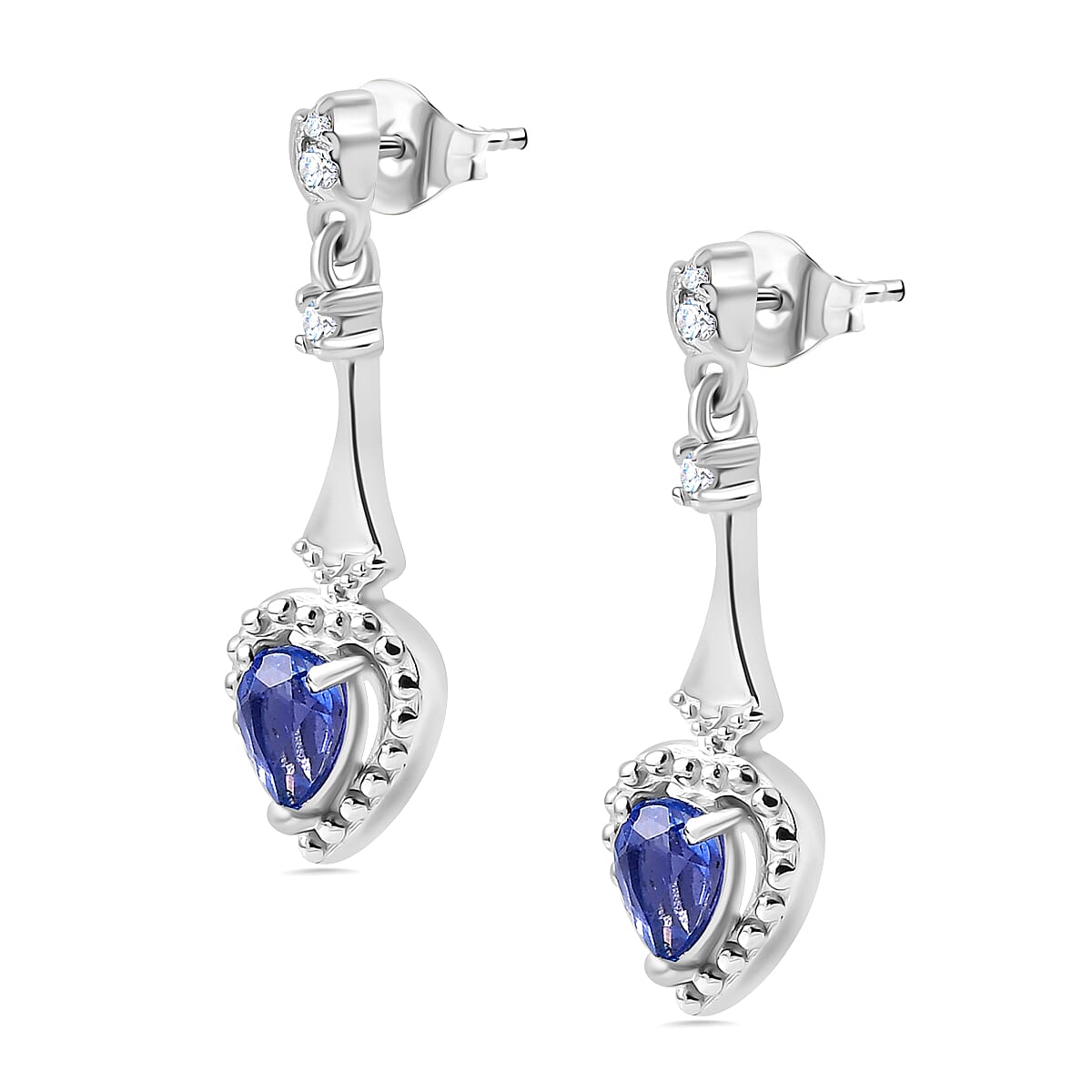 Tanzanite & White Zircon Solitaire Stud Push Post Earring in Rhodium Overlay Sterling Silver