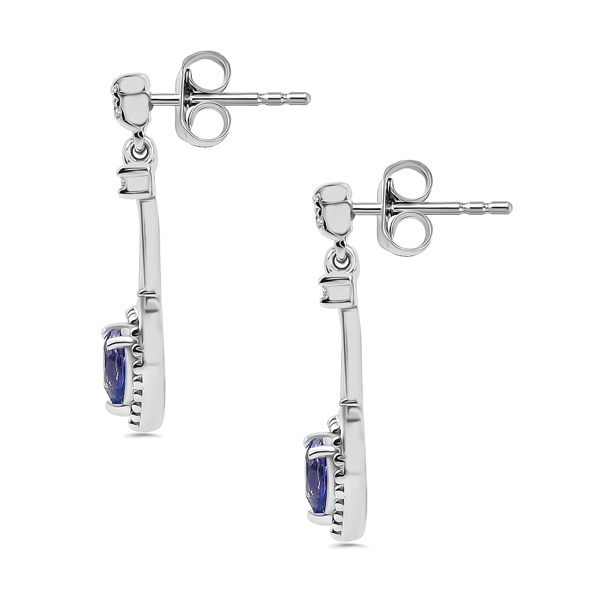 Tanzanite & White Zircon Solitaire Stud Push Post Earring in Rhodium Overlay Sterling Silver