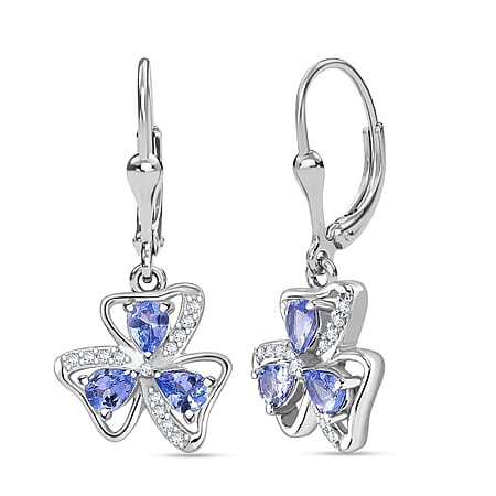 Tanzanite , White Zircon Floral Earrings in Rhodium Overlay Sterling Silver