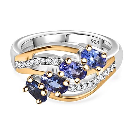 Tanzanite, White Zircon Ring in Rhodium and 18K Vermeil Yellow Gold Plated Sterling Silver