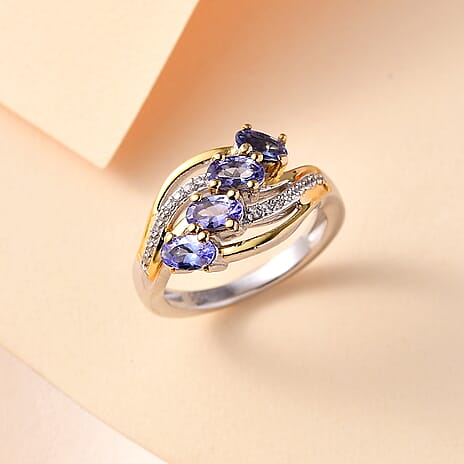 Tanzanite & White Zircon 4 Stone Ring in 18K Vermeil Yellow Gold Plated & Rhodium Overlay Sterling Silver 1.11 Ct.