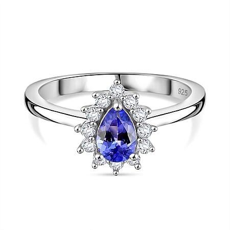 Tanzanite, White Zircon Halo Ring in Rhodium Overlay Sterling Silver