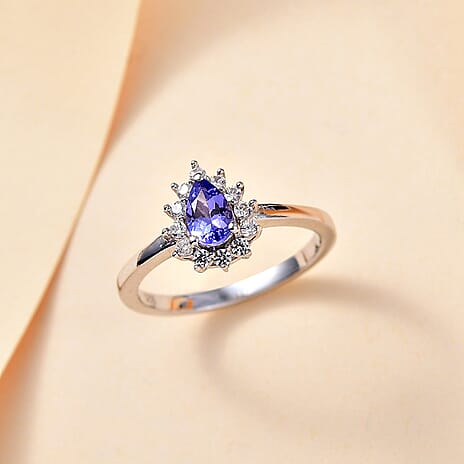 Premium Tanzanite & White Zircon Ring in Rhodium Overlay Sterling Silver
