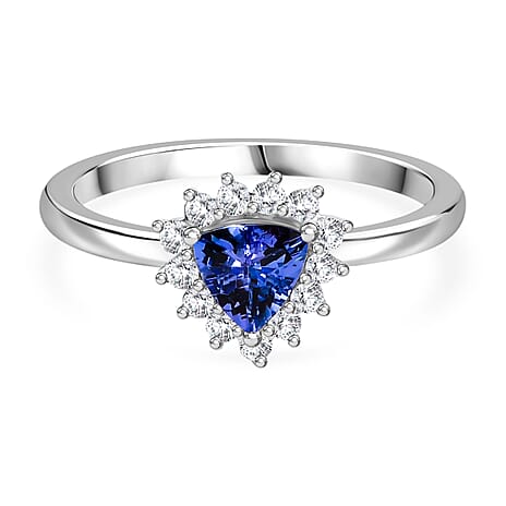 Premium Tanzanite & White Zircon Ring in Rhodium Overlay Sterling Silver