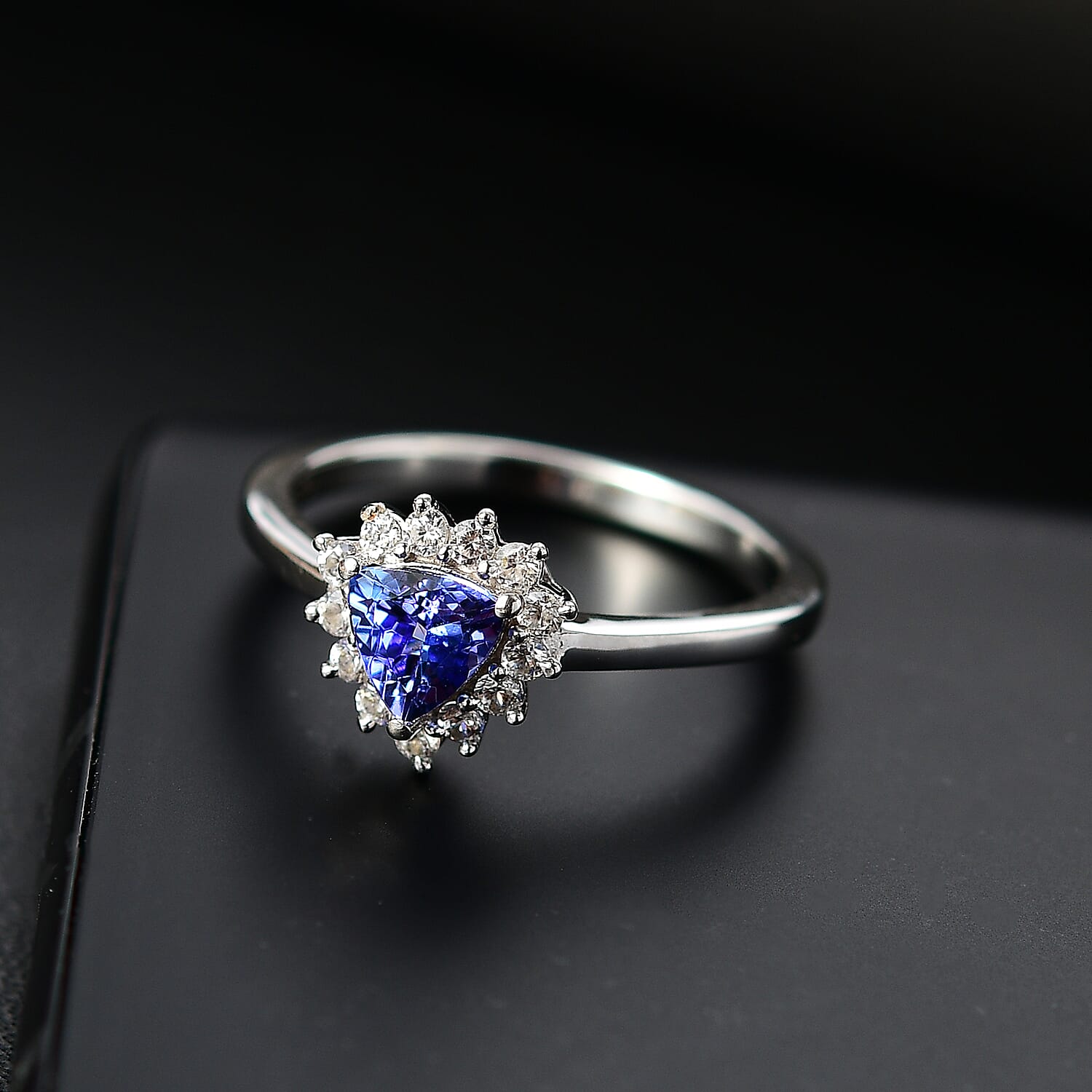 Premium Tanzanite & White Zircon Ring in Rhodium Overlay Sterling Silver