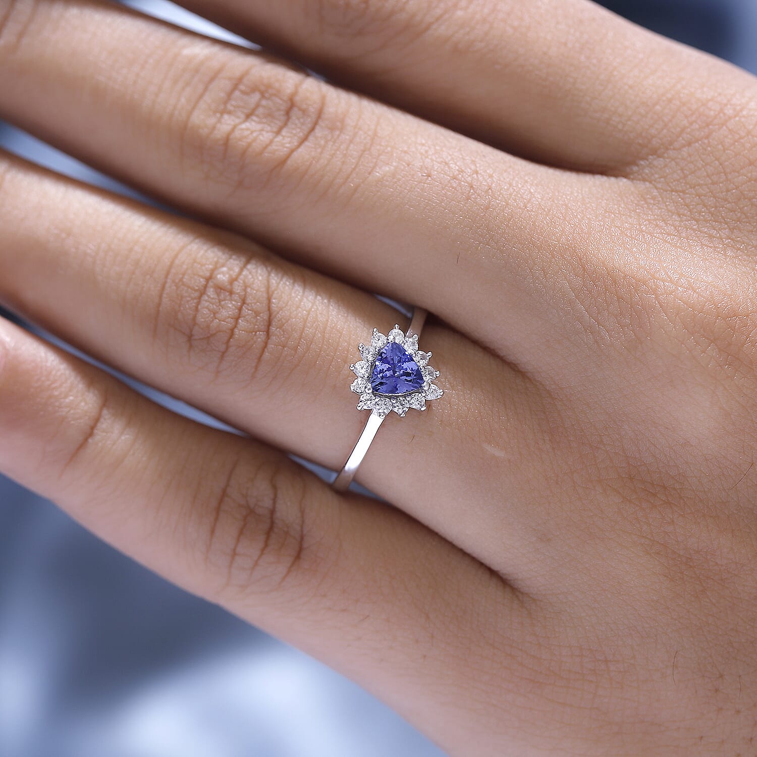 Premium Tanzanite & White Zircon Ring in Rhodium Overlay Sterling Silver