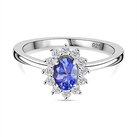 Tanzanite, White Zircon Halo Ring in Rhodium Overlay Sterling Silver