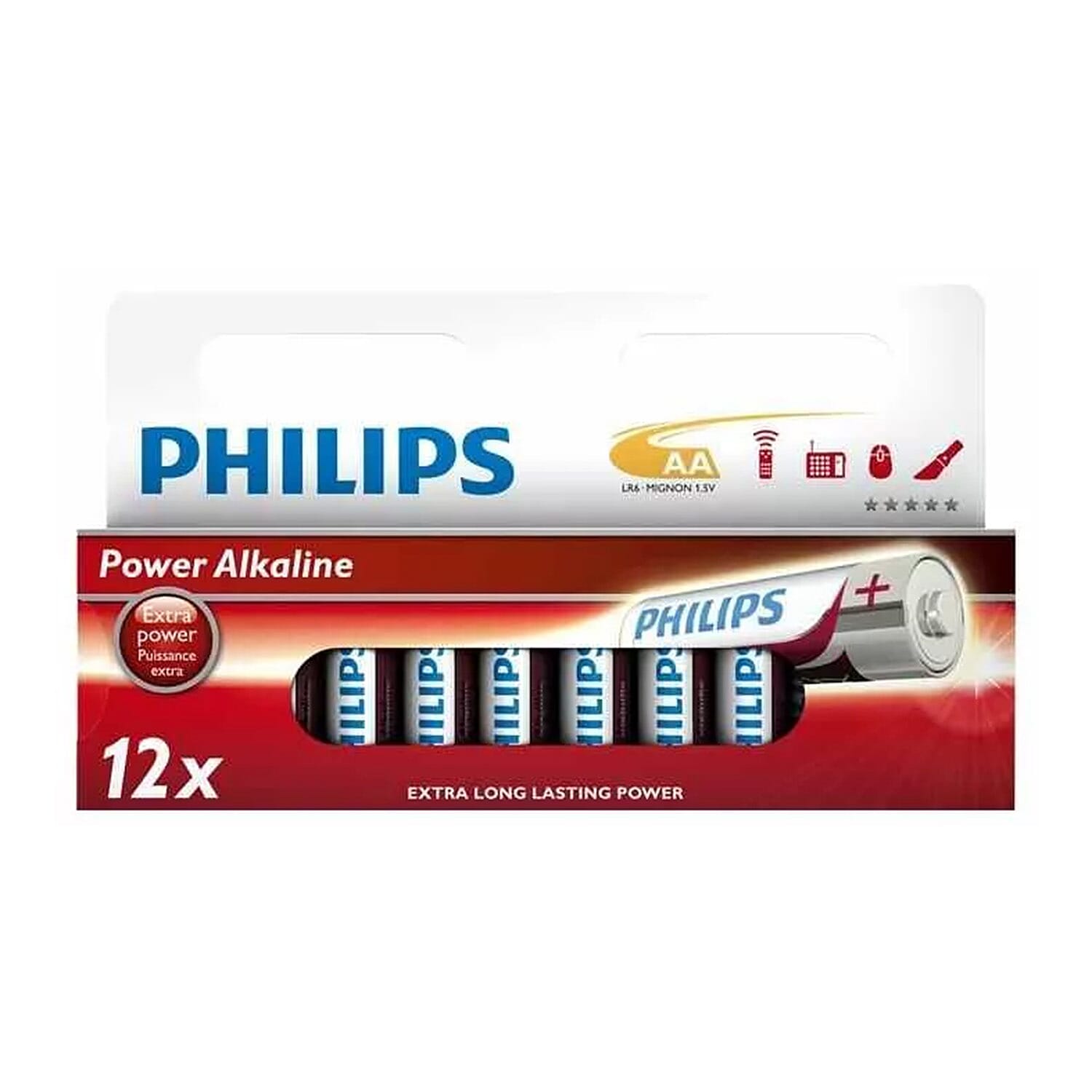 Philips Power Alkaline AA Batteries (Pack of 12) - Red